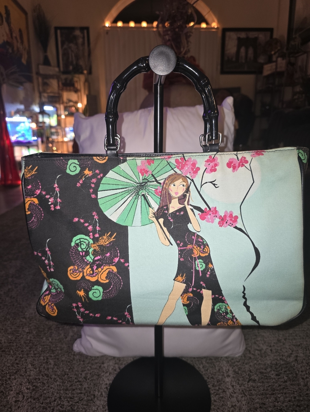 Stylish Illustrated Tote Bag in Mint & Black